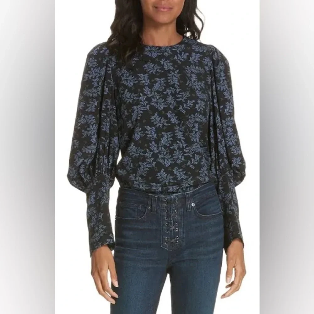 Veronica Beard Clarke Top Silk Floral Button Back Puff Sleeve Black/Blue Size 0 - Picture 1 of 9